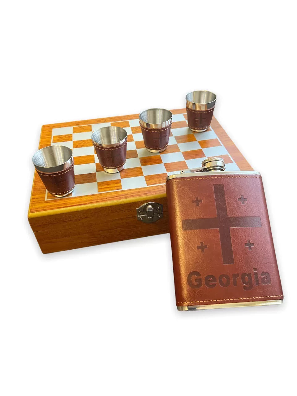Chess set with Georgia flask and glasses